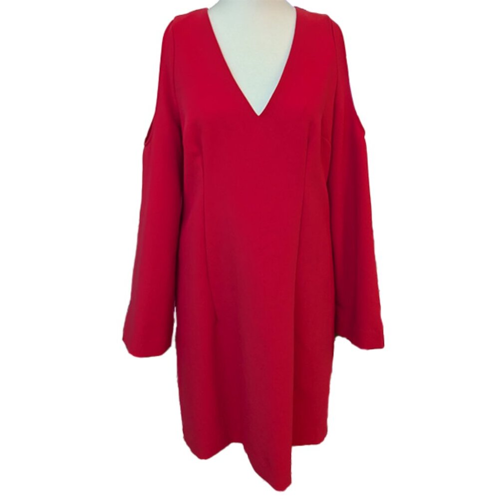 RACHEL Rachel Roy Dress Womens Sz M Red Deep V Cold Shoulder Bell Sleeve